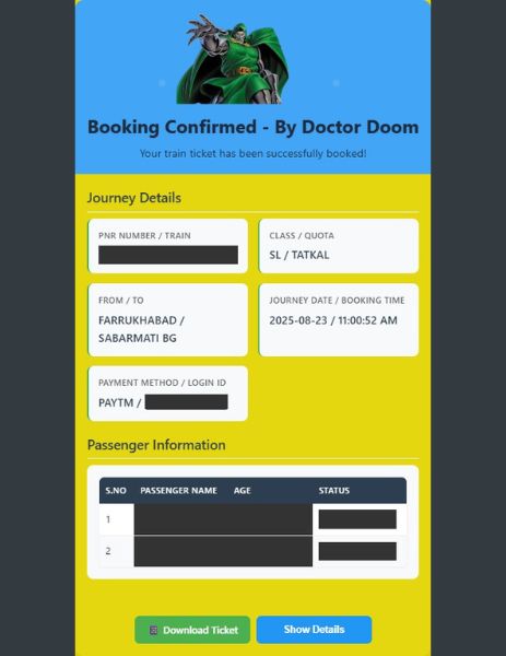 Booking confirmation with PNR: 1234567890