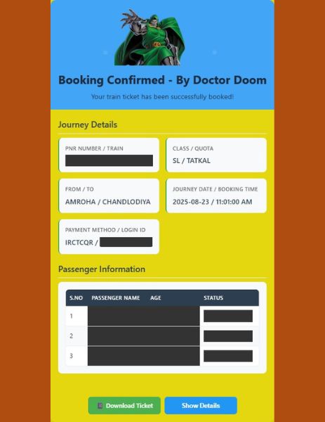 IRCTC ticket confirmed via automation